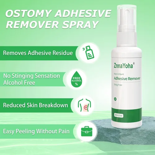 Vista 2 de Spray removedor de adhesivo, removedor de adhesivo médico sin picaduras para la piel, ideal para pacientes con ostomía, eliminación de piel sensible