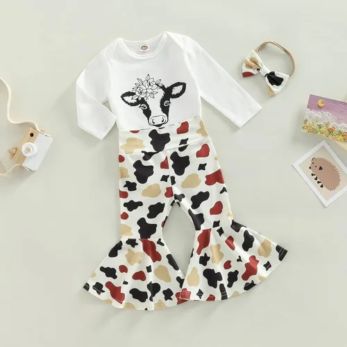 Vista 10 de Conjunto de ropa de bebé occidental para niñas, con estampado de vaca, pantalón y diadema