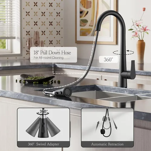 Vista 4 de FORIOUS Grifo de cocina negro alto con rociador extraíble, grifo clásico de acero inoxidable de arco alto para fregadero de cocina, mango único, 3