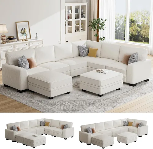 Vista 10 de Legend Vansen Sofá modular de gran tamaño, sofá reversible en forma de U con otomana, sofá de pana de asiento profundo para sala de estar, 6 plazas