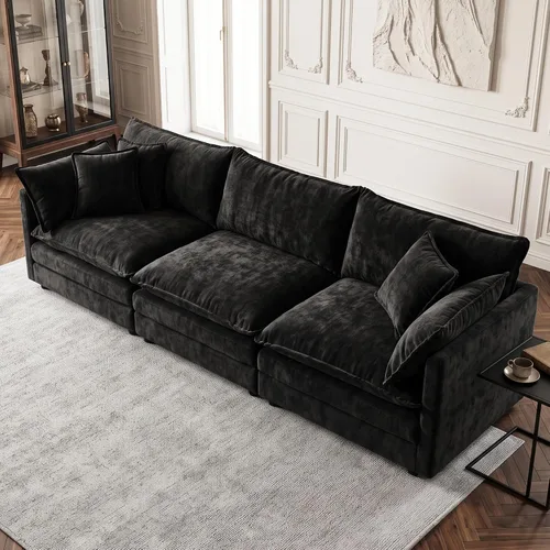 Vista 72 de Sofá individual modular de chenilla con otomana, sofá nube con almohada, color beige