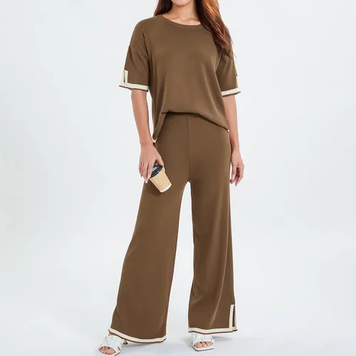 Vista 4 de Conjunto casual de 2 piezas para mujer, pantalones de pierna ancha y suéter de punto para verano y otoño