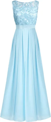 Vista 4 de Vestido largo de gasa bordada para mujer, con encaje de ganchillo, para boda, dama de honor, graduación, noche