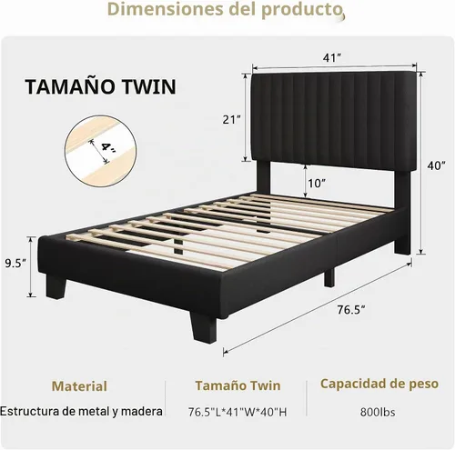 Vista 2 de iPormis Base de cama tamaño twin, cama de plataforma tapizada con cabecera de lino vertical, patas de cama anchas y soporte de listones de madera