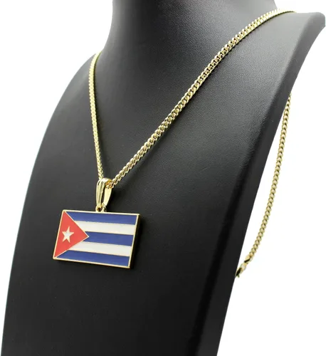 Vista 5 de Collar de cadena de 21 de la bandera de Cuba con colgante de 24 pulgadas color dorado plateado