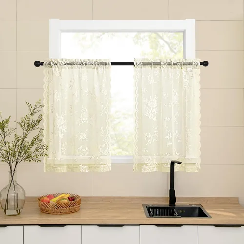 Vista 29 de Cortinas de encaje beige, juego de 2 paneles de cortinas traslúcidas con bolsillo para cortinero, decoración de ventana pequeña, baño, sótano