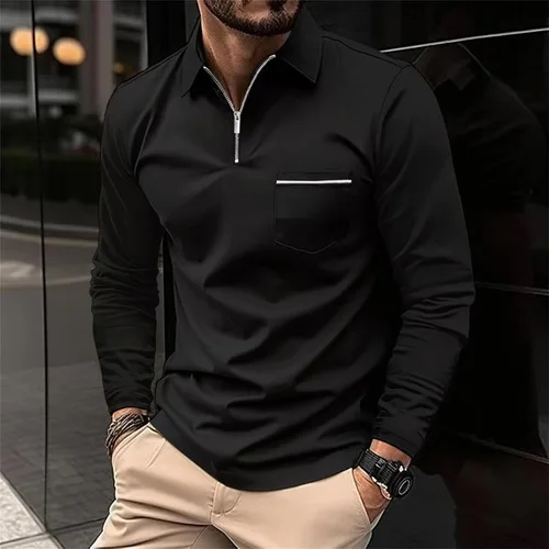 Vista 2 de Polo con cremallera de un cuarto para hombre, manga larga, ajustada, elástica, cuello para golf, oficina y trabajo