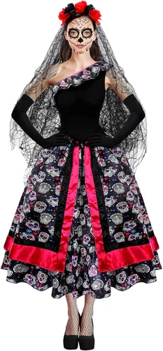 Vista 7 de Xaatren 5 Halloween Día de los Muertos Español Disfraz Conjunto Falda Esqueleto Guantes Medias Tatuajes Cara Floral Corona Velo