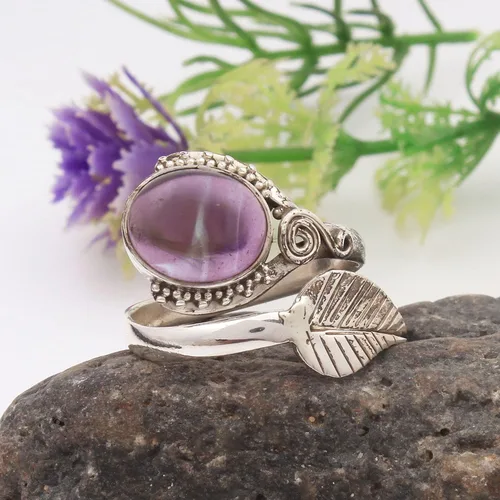 Vista 3 de Anillo de plata de ley 925 con piedra de amatista ajustable, Plata, Amatista