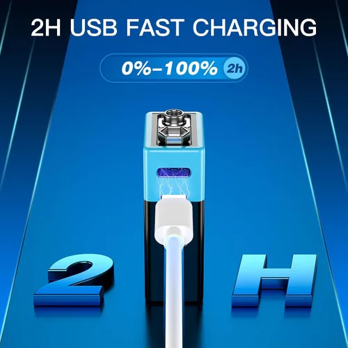 Vista 3 de Kratax Baterías de litio recargables USB de 9 V, paquete de 2 baterías recargables de iones de litio de 760 mAh de 9 voltios con cable de carga