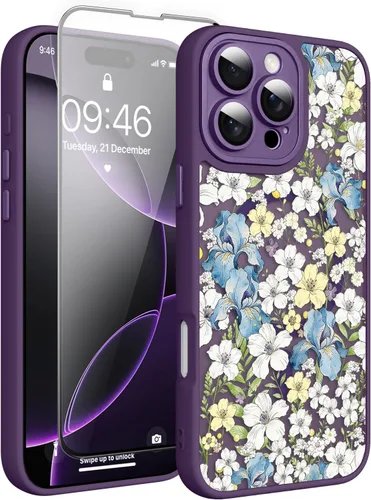 Vista 63 de Magnético para iPhone 13 con protector de pantalla [Compatible con MagSafe] Diseño de patrón floral de flores bonitas, funda delgada a prueba