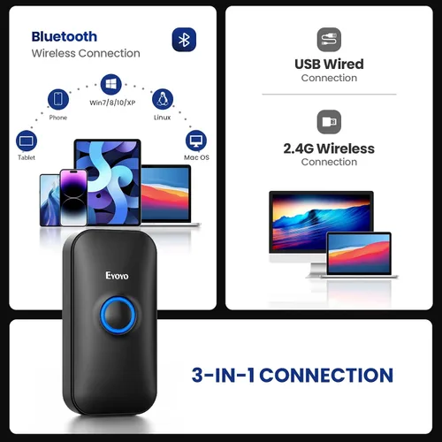 Vista 3 de Eyoyo Mini escáner de código de barras Bluetooth 1D, 3 en 1 USB con cable y Bluetooth y lector de código de barras inalámbrico de 2.4 G, escaneo