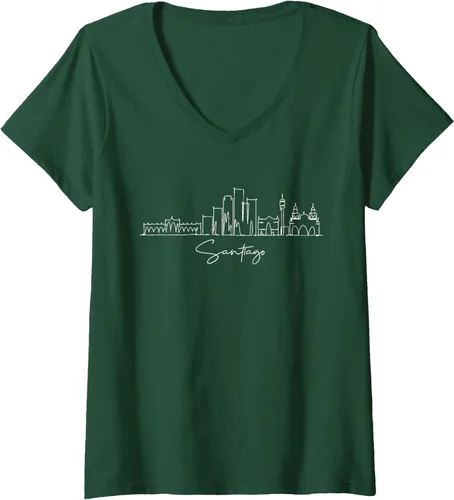 Vista 10 de Camiseta con cuello en V City Skyline Santiago Chile para mujer, Negro