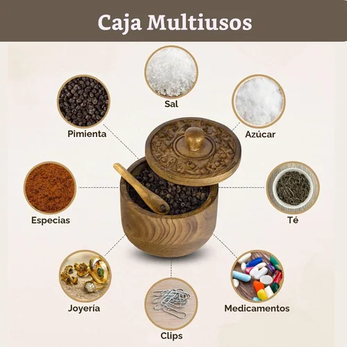 Vista 2 de Mie Creations Salero Rústico con Tapa Tallada a Mano y Cuchara, Cuencos de Madera para Pellizcar Sal Recipiente de Madera para Sal y Pimienta