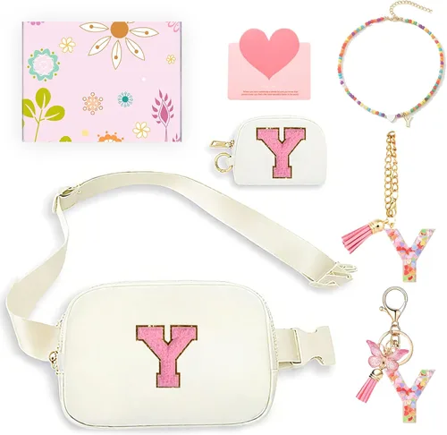 Vista 29 de Regalos de moda para niñas adolescentes, cangurera con monograma para niña con llavero, collar, dijes de taza, tarjeta de felicitación y caja