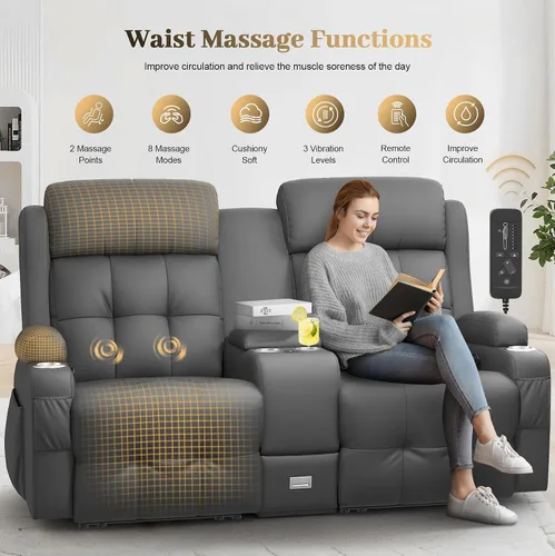 Vista 76 de Sofá de Dos Plazas Reclinable, Sofá Reclinable de Masaje con Gran Capacidad de Peso, Silla de Dos Plazas para RV en Liquidación con Consola, USB