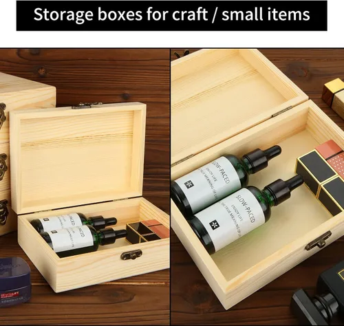 Vista 4 de Acrux7 Paquete de 4 cajas de madera sin terminar, caja de madera sin pintar de 7.2 pulgadas con tapa con bisagras, pequeñas cajas de almacenamiento