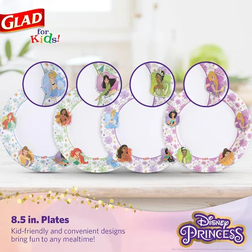Vista 2 de Glad para Niños Platos de Papel Desechables de Princesas Disney, Marcos Florales - Resistente, A Prueba de Absorción, Apto para Microondas, Platos