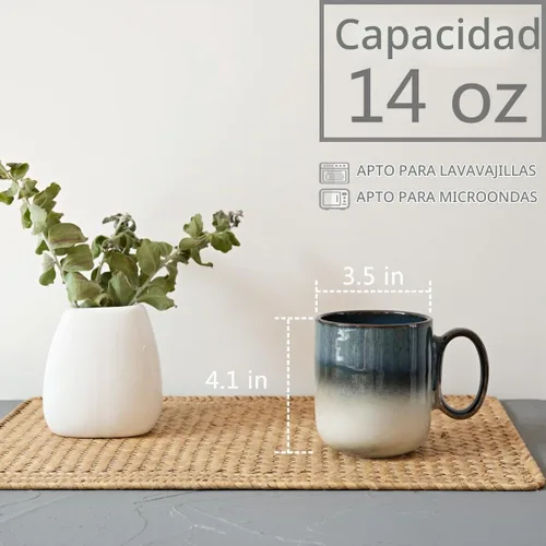 Vista 2 de Bosmarlin Juego de 4 tazas de café de cerámica, 14 onzas, tazas de café con mango grande, aptas para microondas, esmalte reactivo único (azul oscuro)