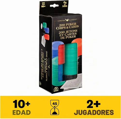 Vista 2 de Spin Master Games Cardinal Classics, Juego de 200 fichas de póquer con botón de distribuidor de baraja Texas Hold 'Em Classic Casino Juego de mesa