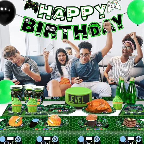 Vista 6 de Vajilla de fiesta de cumpleaños para 16 invitados, platos de videojuegos y servilletas, suministros para fiestas, incluye platos de fiesta