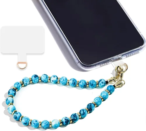 Vista 26 de Correa de muñeca con cuentas de mármol para mujer, diseño desmontable 304 Steel Core, detachable phone wristlet with tether tab, keeps your phone