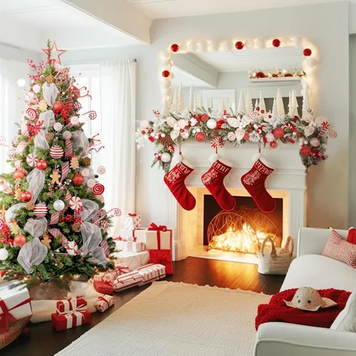 Vista 5 de WBHome Árbol de Navidad artificial preiluminado de 7 pies con 400 luces LED enchufables y paquete de adornos, decoraciones de Navidad con temas