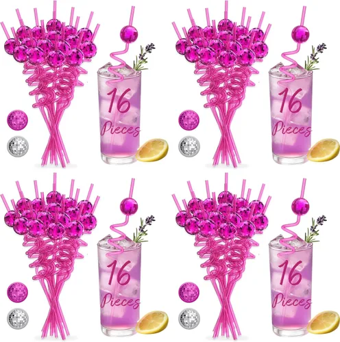 Vista 8 de 16 piezas de decoración de fiesta de discoteca, mini bola de discoteca, pajitas reutilizables rosadas Disco Straws with Upgrade Disco Ball for