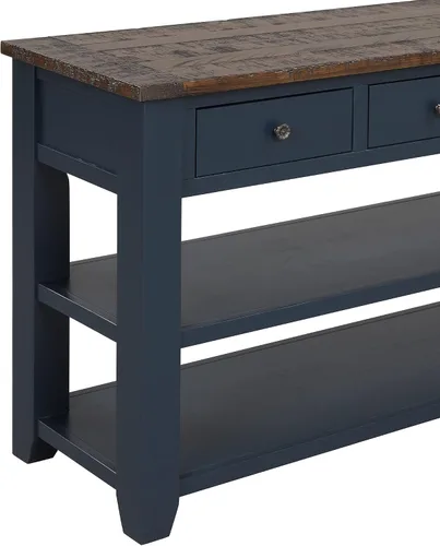 Vista 5 de LUMISOL Mesa consola de madera de granja con cajones y estantes de almacenamiento, mesa de sofá de entrada, mesa de pasillo, parte superior azul +