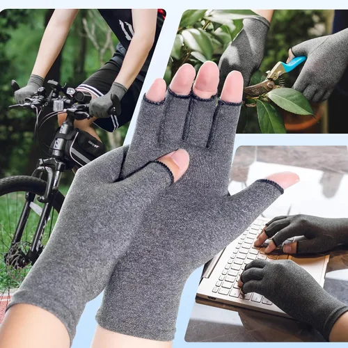 Vista 5 de Guantes de compresión para artritis, 2 pares de muñequeras con soporte para manos sin dedos para hombres y mujeres, guantes para aliviar el dolor