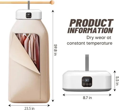 Vista 5 de Secadora de ropa portátil, mini secadora de ropa con control remoto, pequeña secadora eléctrica plegable y compacta con bolsa seca para viajes