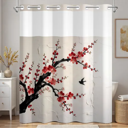 Vista 43 de No Hook Geometric Shower Curtain with Snap in Liner - 71″W x 74″L Waterproof Fabric with Mesh Top Window, Modern Abstract Triangle Design Bath