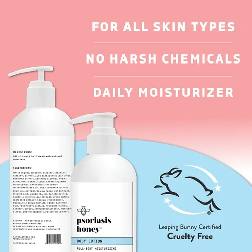 Vista 6 de PSORIASIS HONEY Loción corporal hidratante diaria, crema para eccema y dermatitis seborreica para picazón y descamación, tratamiento hidratante