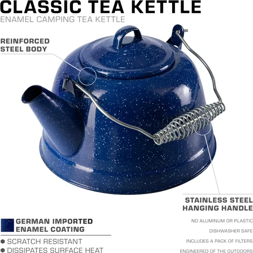 Vista 2 de COLETTI Estufa clásica de té para acampar, hervidor de viaje, tetera compacta para estufa, revestimiento de esmalte importado alemán resistente a