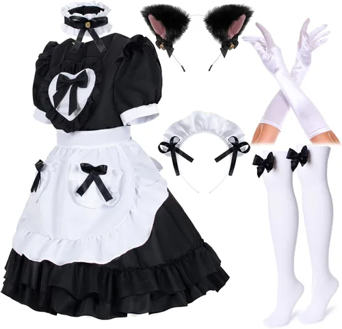 Vista 2 de Elibelle Disfraz de anime japonés clásico Sissy Maid Sweet Kawaii de corazón para cosplay, guantes peludos con orejas de gato