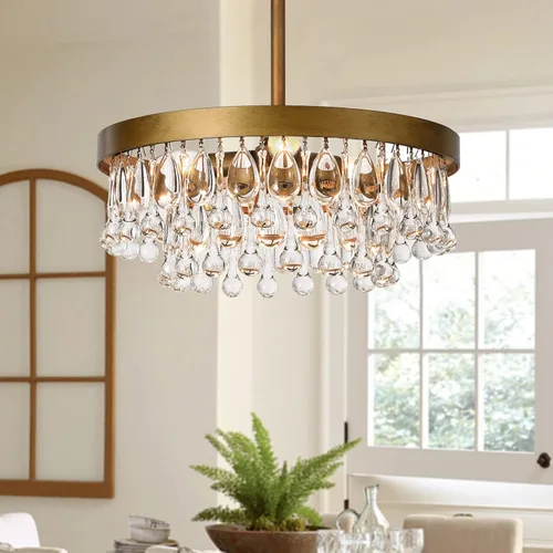 Vista 4 de SEOL - Lámparas de techo antiguas de oro con cristal, redondas, grandes, colgantes, lámpara de techo para comedor, recámara, sala de estar, 3 luces