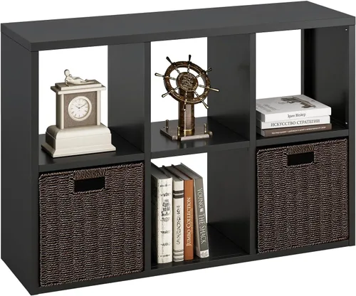 Vista 26 de Organizador de almacenamiento vertical de 2 cubos de metal, estantería corta negra con espalda abierta, estante de almacenamiento de cubo pequeño