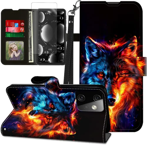 Vista 15 de Funda para Motorola Edge 2022 con protector de pantalla, soporte y tarjetero y correa para la muñeca, funda magnética para Moto Edge 2022 5G UW Lobo