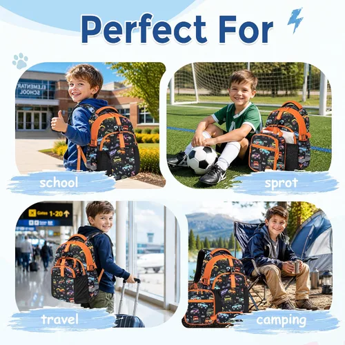Vista 8 de Mochila infantil para niñas de 4 a 8 años, Blackorange-camión, Lindo