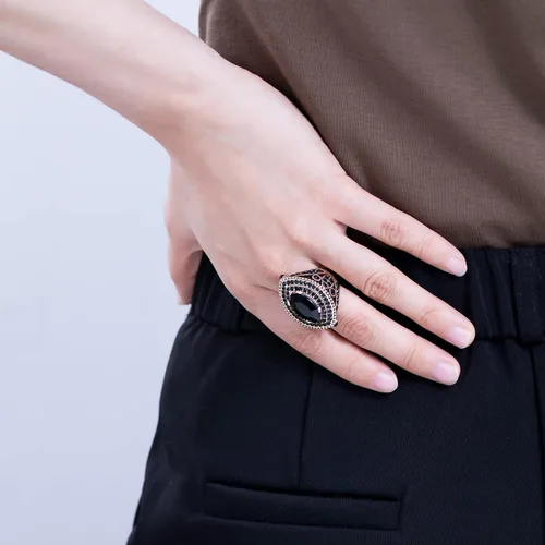 Vista 5 de CKHAO Anillo de mujer - 1.260 in de gran tamaño chapado en oro antiguo estilo turco negro piedra preciosa anillo vintage joyería de las mujeres