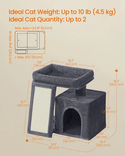 Vista 5 de Feandrea Árbol pequeño para gatos, condominio de torre para gatos, rampa rascadora, percha superior grande, cueva, 20.1 x 15.4 x 18.3 pulgadas, gris