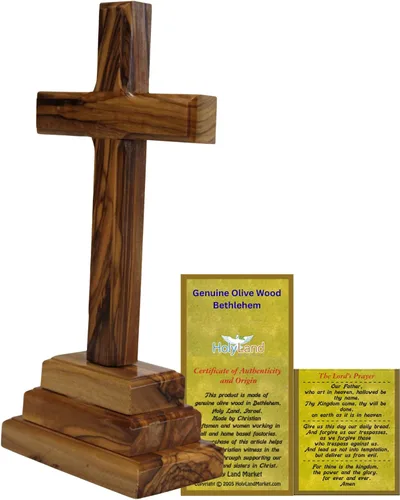 Vista 10 de Holy Land Market Cruz de altar de pie de madera de olivo de 6 pulgadas, tallada a mano en Belén por artesanos cristianos, crucifijo de mesa