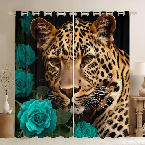 Vista 35 de Erosebridal Cortinas de Rosas Rojas 3D Tratamientos para Ventanas de Guepardo, Paneles de Cortinas con Estampado de Gato Leopardo para Sala
