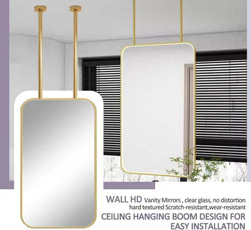 Vista 3 de Espejos de baño, espejo de barra colgante para montaje en techo, marco de metal dorado, espejo decorativo de pared para el hogar o hotel, vestidores