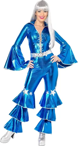 Vista 3 de Smiffys Disfraz de sueño de baile de los años 70 para mujer, Azul Patchwork