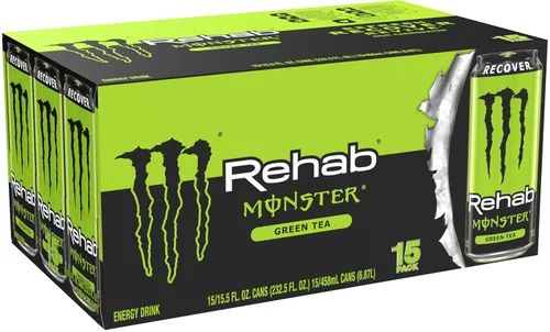 Vista 2 de Monster Energy Rehab Té Verde + Energía, Té Helado Energético, Bebida Energética 15.5 onzas (Paquete de 15) Té helado energético, paquete de 15