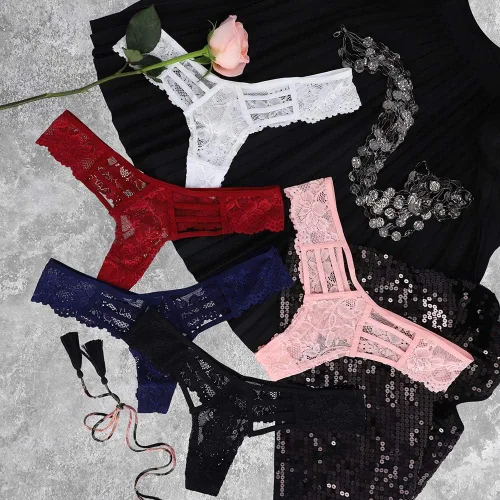 Vista 4 de Besame Tanga de encaje para mujer, ropa interior de licra y elastano, paquete de 5