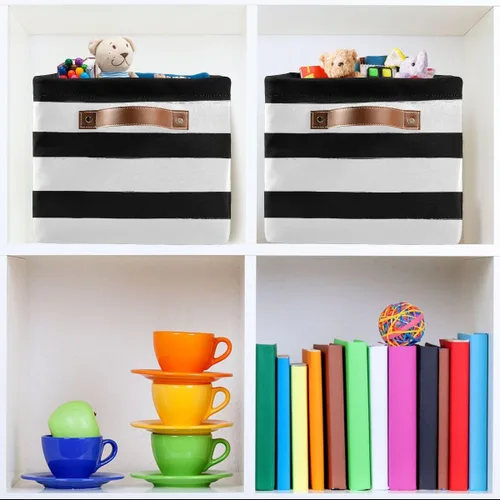 Vista 7 de Bolaz Cesta de almacenamiento plegable grande, color negro y blanco, a rayas, bolsa organizadora plegable con asas, 15 x 11 x 9.5 pulgadas