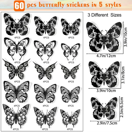 Vista 2 de Amaonm - Decoración de pared de mariposa 3D, 60 unidades, 5 estilos, 3 tamaños, mariposas, removibles, para bricolaje, huecas, de PVC, para niños