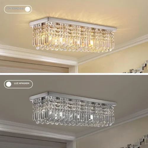 Vista 7 de Araña rectangular, con gotas de cristal, de Siljoy, iluminación moderna, montaje empotrado en el cielorraso, aplique de luz, Blanco, 150.00watts